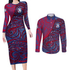 Custom Western Bulldogs Mascot Couples Matching Long Sleeve Bodycon Dress and Long Sleeve Button Shirt Polynesian Tribal Swirl Dynamic - Bulldog Football
