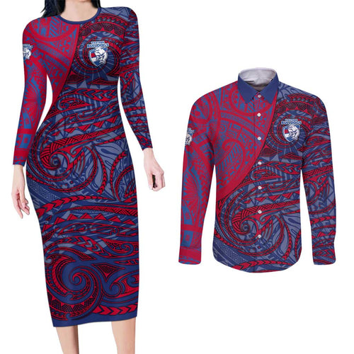 Custom Western Bulldogs Mascot Couples Matching Long Sleeve Bodycon Dress and Long Sleeve Button Shirt Polynesian Tribal Swirl Dynamic - Bulldog Football