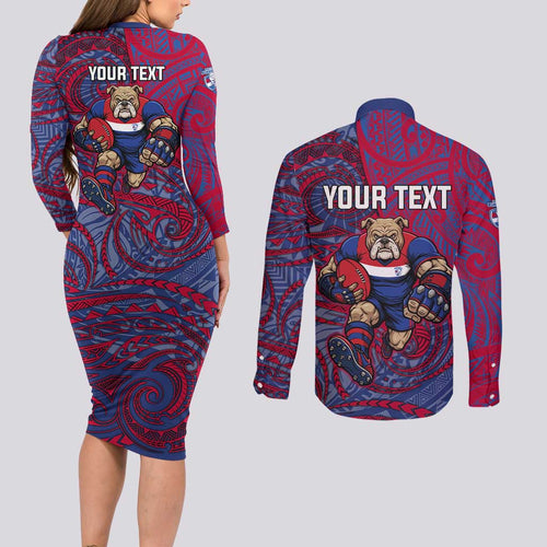 Custom Western Bulldogs Mascot Couples Matching Long Sleeve Bodycon Dress and Long Sleeve Button Shirt Polynesian Tribal Swirl Dynamic - Bulldog Football