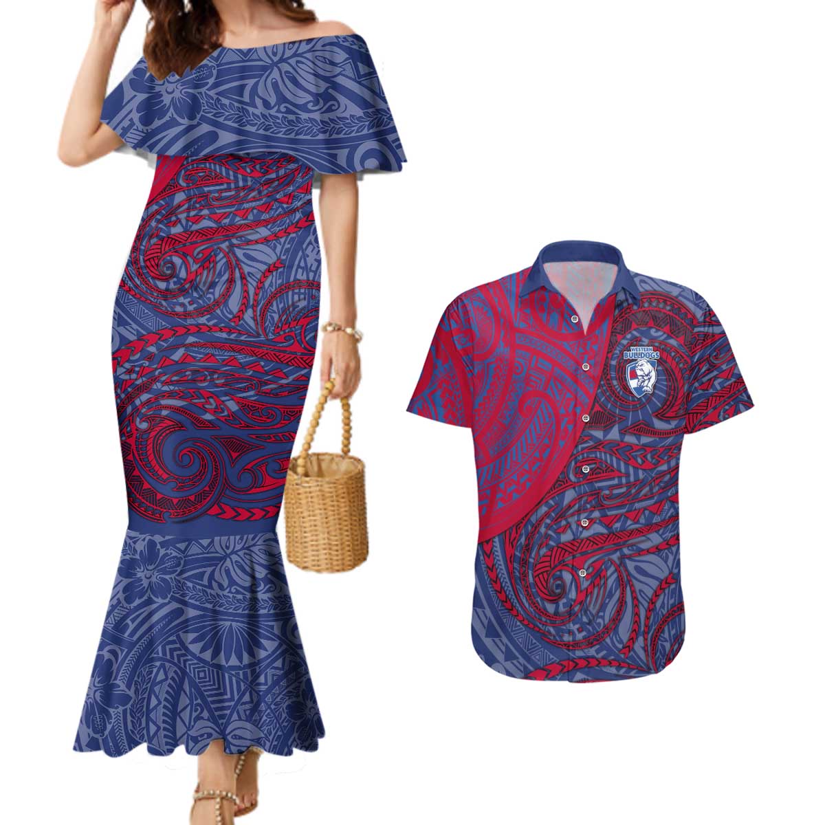Custom Western Bulldogs Mascot Couples Matching Mermaid Dress and Hawaiian Shirt Polynesian Tribal Swirl Dynamic - Bulldog Football