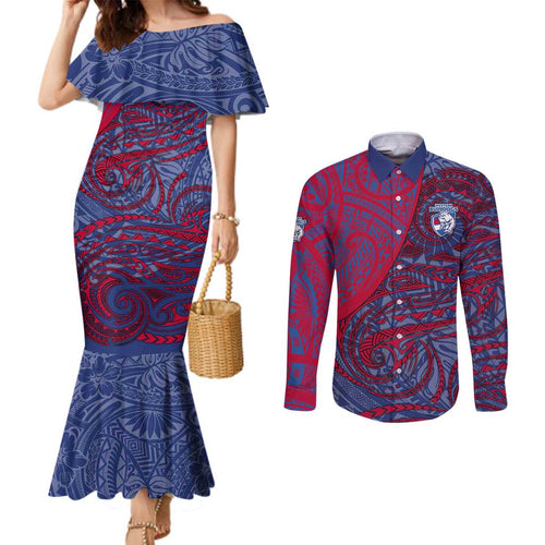 Custom Western Bulldogs Mascot Couples Matching Mermaid Dress and Long Sleeve Button Shirt Polynesian Tribal Swirl Dynamic - Bulldog Football