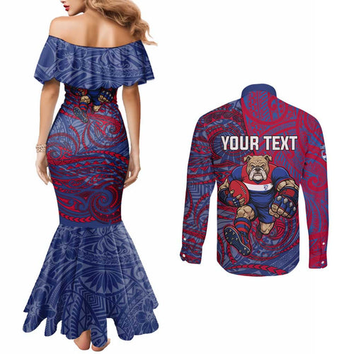 Custom Western Bulldogs Mascot Couples Matching Mermaid Dress and Long Sleeve Button Shirt Polynesian Tribal Swirl Dynamic - Bulldog Football