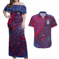 Custom Western Bulldogs Mascot Couples Matching Off Shoulder Maxi Dress and Hawaiian Shirt Polynesian Tribal Swirl Dynamic - Bulldog Football