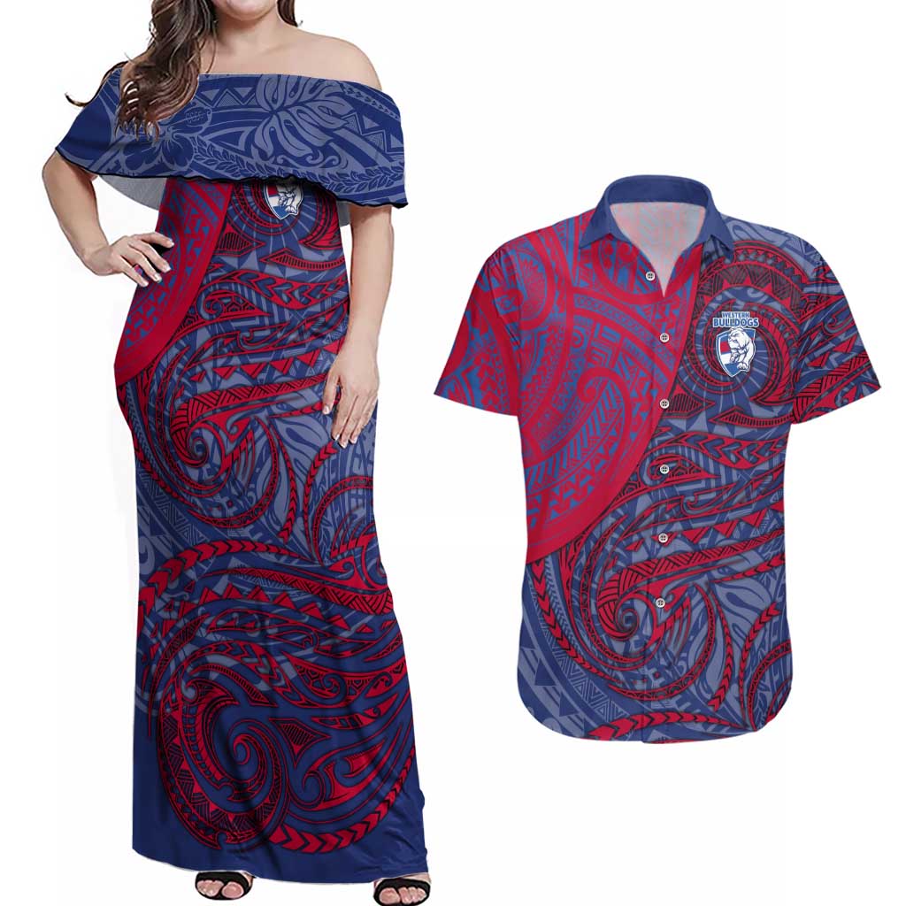 Custom Western Bulldogs Mascot Couples Matching Off Shoulder Maxi Dress and Hawaiian Shirt Polynesian Tribal Swirl Dynamic - Bulldog Football