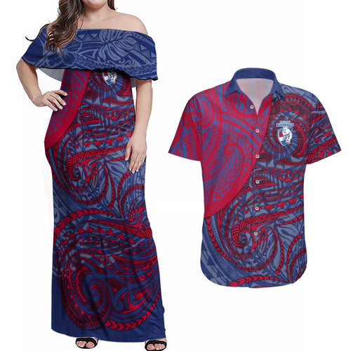 Custom Western Bulldogs Mascot Couples Matching Off Shoulder Maxi Dress and Hawaiian Shirt Polynesian Tribal Swirl Dynamic - Bulldog Football