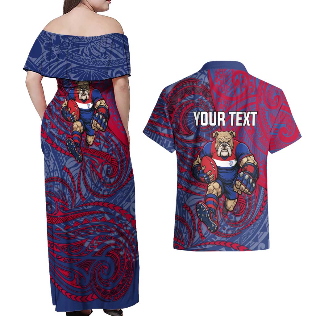 Custom Western Bulldogs Mascot Couples Matching Off Shoulder Maxi Dress and Hawaiian Shirt Polynesian Tribal Swirl Dynamic - Bulldog Football