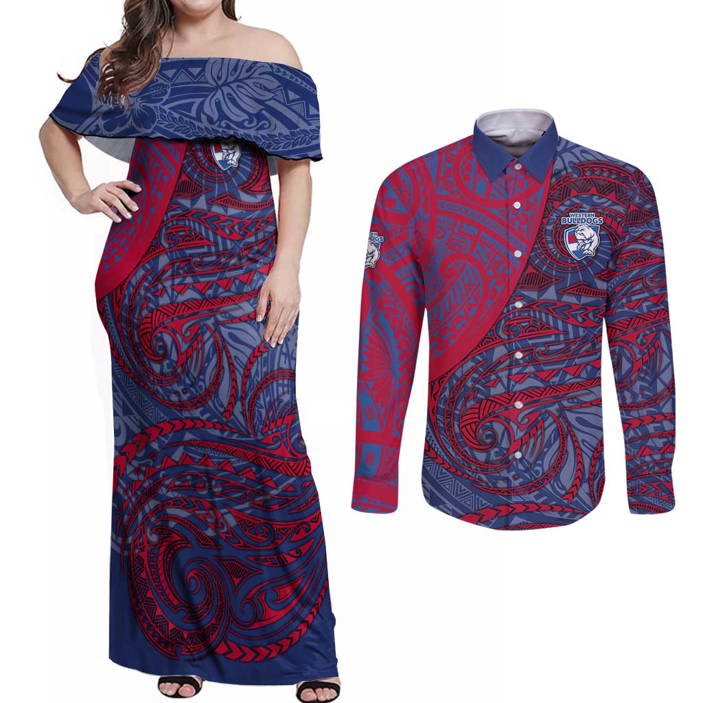 Custom Western Bulldogs Mascot Couples Matching Off Shoulder Maxi Dress and Long Sleeve Button Shirt Polynesian Tribal Swirl Dynamic - Bulldog Football