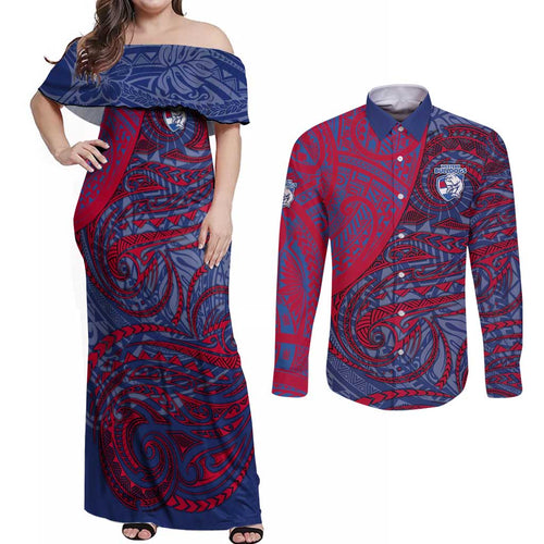 Custom Western Bulldogs Mascot Couples Matching Off Shoulder Maxi Dress and Long Sleeve Button Shirt Polynesian Tribal Swirl Dynamic - Bulldog Football