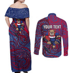 Custom Western Bulldogs Mascot Couples Matching Off Shoulder Maxi Dress and Long Sleeve Button Shirt Polynesian Tribal Swirl Dynamic - Bulldog Football