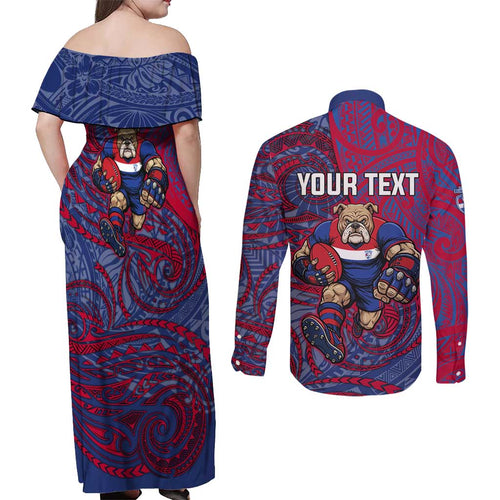Custom Western Bulldogs Mascot Couples Matching Off Shoulder Maxi Dress and Long Sleeve Button Shirt Polynesian Tribal Swirl Dynamic - Bulldog Football