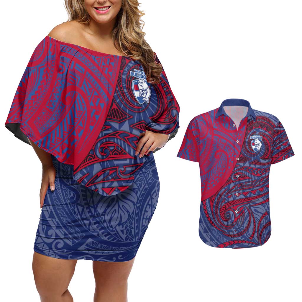 Custom Western Bulldogs Mascot Couples Matching Off Shoulder Short Dress and Hawaiian Shirt Polynesian Tribal Swirl Dynamic - Bulldog Football