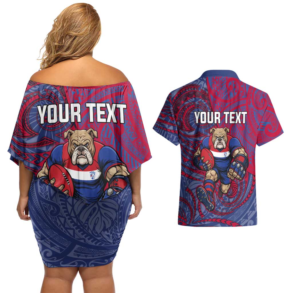 Custom Western Bulldogs Mascot Couples Matching Off Shoulder Short Dress and Hawaiian Shirt Polynesian Tribal Swirl Dynamic - Bulldog Football