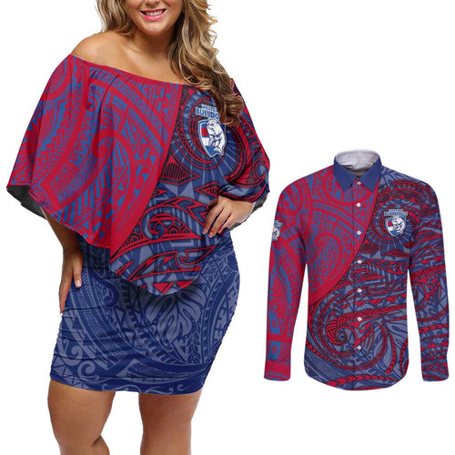 Custom Western Bulldogs Mascot Couples Matching Off Shoulder Short Dress and Long Sleeve Button Shirt Polynesian Tribal Swirl Dynamic - Bulldog Football