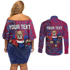Custom Western Bulldogs Mascot Couples Matching Off Shoulder Short Dress and Long Sleeve Button Shirt Polynesian Tribal Swirl Dynamic - Bulldog Football