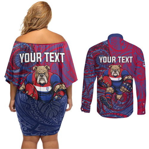 Custom Western Bulldogs Mascot Couples Matching Off Shoulder Short Dress and Long Sleeve Button Shirt Polynesian Tribal Swirl Dynamic - Bulldog Football