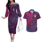 Custom Western Bulldogs Mascot Couples Matching Off The Shoulder Long Sleeve Dress and Hawaiian Shirt Polynesian Tribal Swirl Dynamic - Bulldog Football