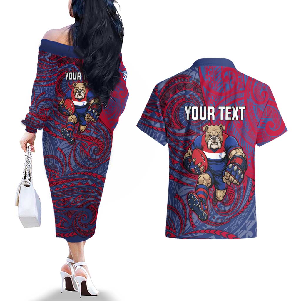 Custom Western Bulldogs Mascot Couples Matching Off The Shoulder Long Sleeve Dress and Hawaiian Shirt Polynesian Tribal Swirl Dynamic - Bulldog Football
