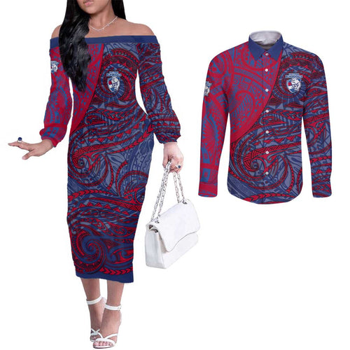 Custom Western Bulldogs Mascot Couples Matching Off The Shoulder Long Sleeve Dress and Long Sleeve Button Shirt Polynesian Tribal Swirl Dynamic - Bulldog Football