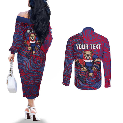 Custom Western Bulldogs Mascot Couples Matching Off The Shoulder Long Sleeve Dress and Long Sleeve Button Shirt Polynesian Tribal Swirl Dynamic - Bulldog Football