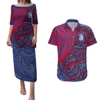 Custom Western Bulldogs Mascot Couples Matching Puletasi and Hawaiian Shirt Polynesian Tribal Swirl Dynamic - Bulldog Football