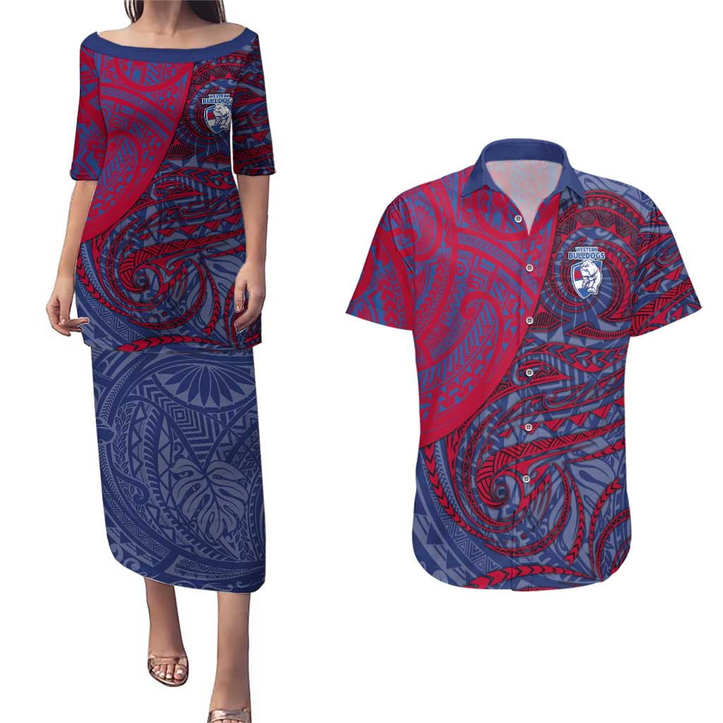 Custom Western Bulldogs Mascot Couples Matching Puletasi and Hawaiian Shirt Polynesian Tribal Swirl Dynamic - Bulldog Football
