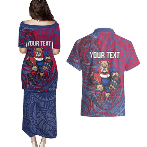 Custom Western Bulldogs Mascot Couples Matching Puletasi and Hawaiian Shirt Polynesian Tribal Swirl Dynamic - Bulldog Football
