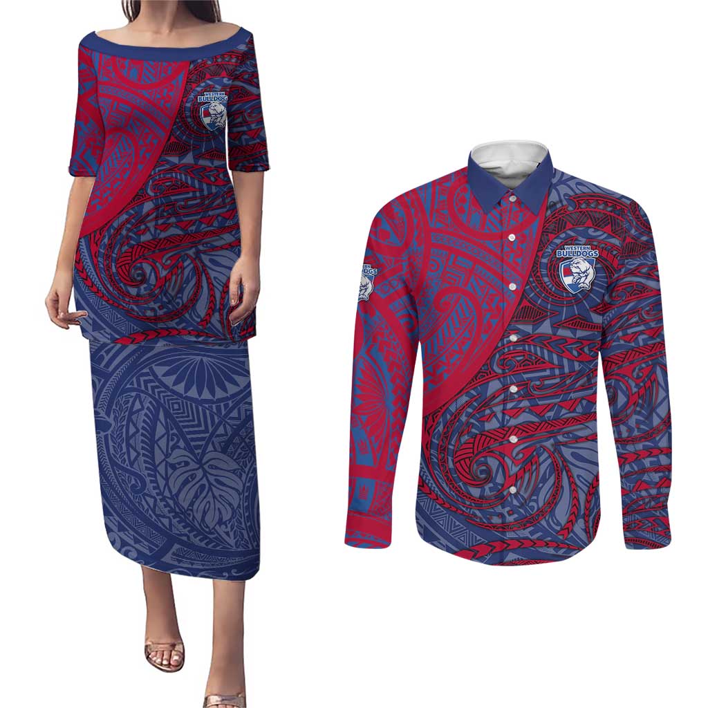 Custom Western Bulldogs Mascot Couples Matching Puletasi and Long Sleeve Button Shirt Polynesian Tribal Swirl Dynamic - Bulldog Football