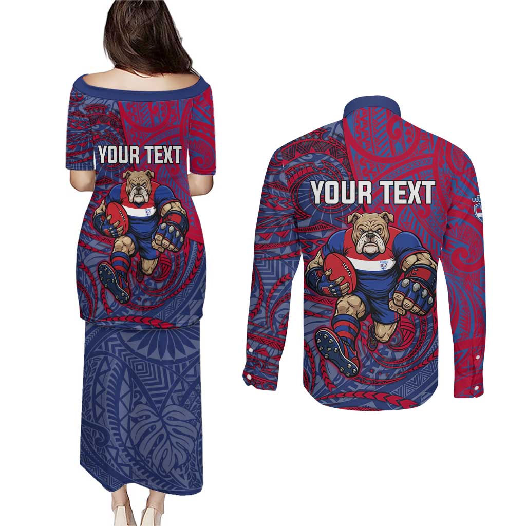 Custom Western Bulldogs Mascot Couples Matching Puletasi and Long Sleeve Button Shirt Polynesian Tribal Swirl Dynamic - Bulldog Football