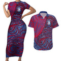 Custom Western Bulldogs Mascot Couples Matching Short Sleeve Bodycon Dress and Hawaiian Shirt Polynesian Tribal Swirl Dynamic - Bulldog Football