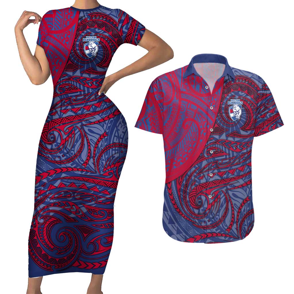 Custom Western Bulldogs Mascot Couples Matching Short Sleeve Bodycon Dress and Hawaiian Shirt Polynesian Tribal Swirl Dynamic - Bulldog Football