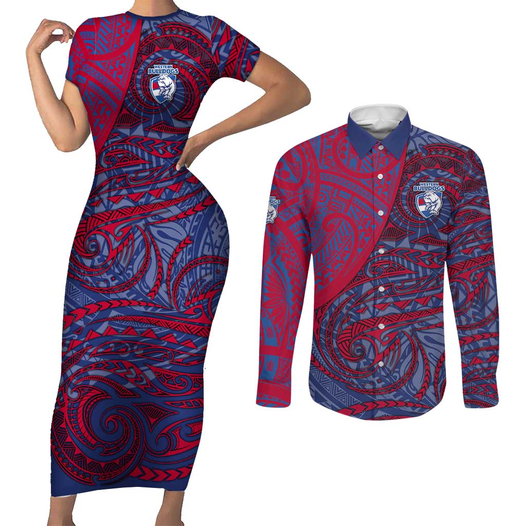 Custom Western Bulldogs Mascot Couples Matching Short Sleeve Bodycon Dress and Long Sleeve Button Shirt Polynesian Tribal Swirl Dynamic - Bulldog Football