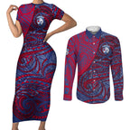 Custom Western Bulldogs Mascot Couples Matching Short Sleeve Bodycon Dress and Long Sleeve Button Shirt Polynesian Tribal Swirl Dynamic - Bulldog Football