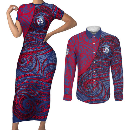 Custom Western Bulldogs Mascot Couples Matching Short Sleeve Bodycon Dress and Long Sleeve Button Shirt Polynesian Tribal Swirl Dynamic - Bulldog Football