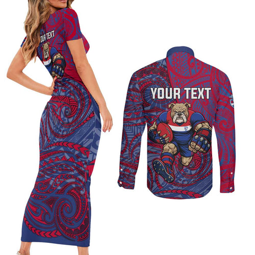 Custom Western Bulldogs Mascot Couples Matching Short Sleeve Bodycon Dress and Long Sleeve Button Shirt Polynesian Tribal Swirl Dynamic - Bulldog Football