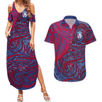 Custom Western Bulldogs Mascot Couples Matching Summer Maxi Dress and Hawaiian Shirt Polynesian Tribal Swirl Dynamic - Bulldog Football