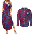 Custom Western Bulldogs Mascot Couples Matching Summer Maxi Dress and Long Sleeve Button Shirt Polynesian Tribal Swirl Dynamic - Bulldog Football
