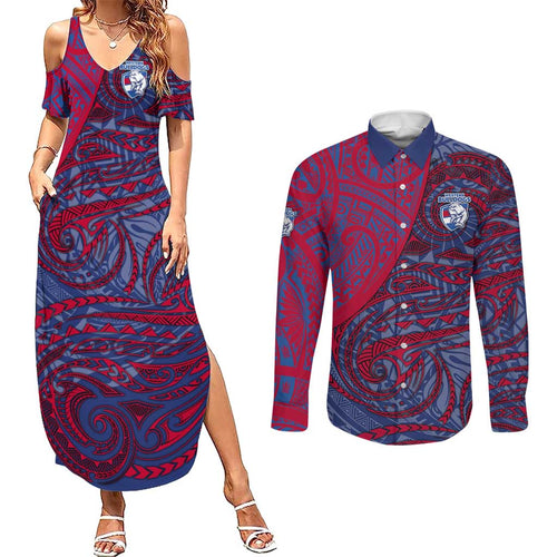 Custom Western Bulldogs Mascot Couples Matching Summer Maxi Dress and Long Sleeve Button Shirt Polynesian Tribal Swirl Dynamic - Bulldog Football
