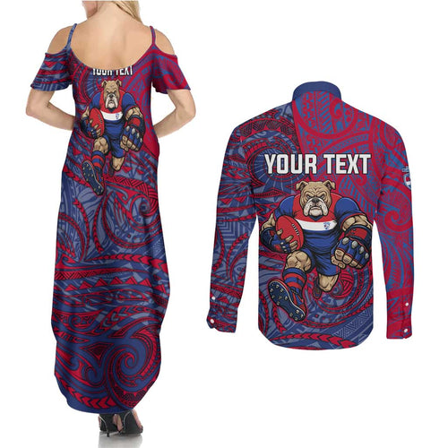 Custom Western Bulldogs Mascot Couples Matching Summer Maxi Dress and Long Sleeve Button Shirt Polynesian Tribal Swirl Dynamic - Bulldog Football