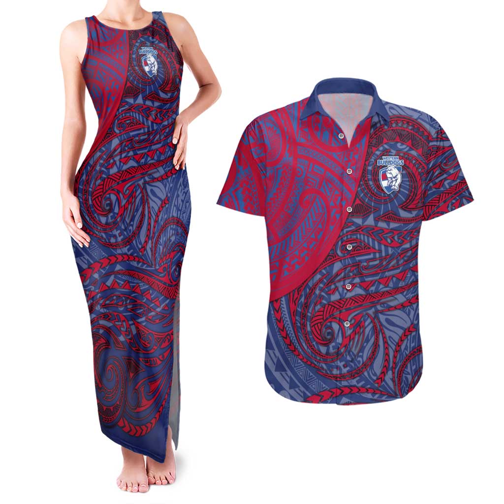 Custom Western Bulldogs Mascot Couples Matching Tank Maxi Dress and Hawaiian Shirt Polynesian Tribal Swirl Dynamic - Bulldog Football