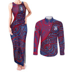 Custom Western Bulldogs Mascot Couples Matching Tank Maxi Dress and Long Sleeve Button Shirt Polynesian Tribal Swirl Dynamic - Bulldog Football