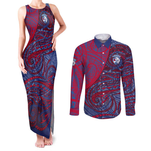 Custom Western Bulldogs Mascot Couples Matching Tank Maxi Dress and Long Sleeve Button Shirt Polynesian Tribal Swirl Dynamic - Bulldog Football