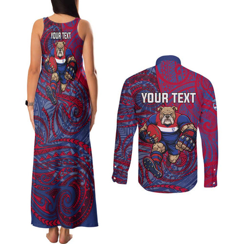 Custom Western Bulldogs Mascot Couples Matching Tank Maxi Dress and Long Sleeve Button Shirt Polynesian Tribal Swirl Dynamic - Bulldog Football