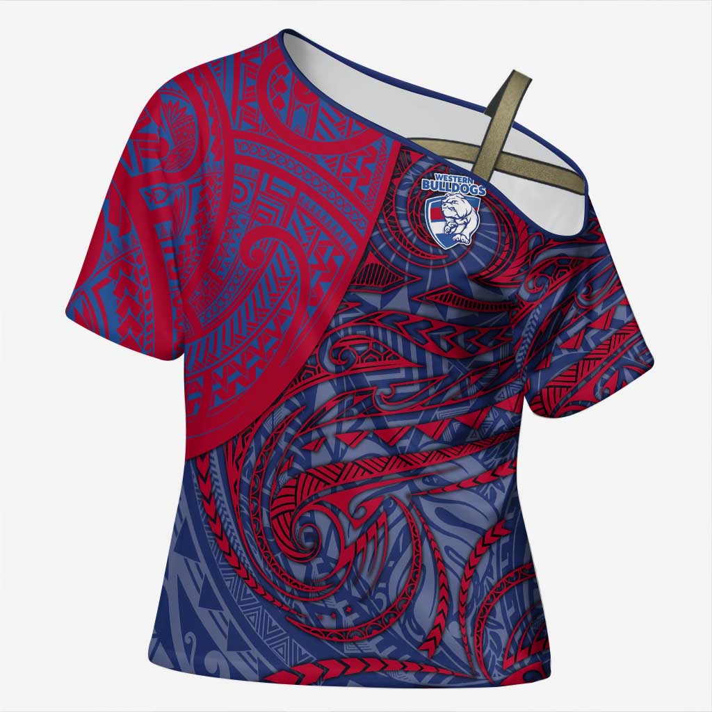 Custom Western Bulldogs Mascot Cross Shoulder Shirt Polynesian Tribal Swirl Dynamic - Bulldog Football