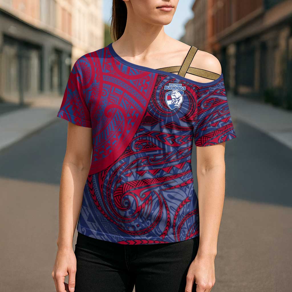 Custom Western Bulldogs Mascot Cross Shoulder Shirt Polynesian Tribal Swirl Dynamic - Bulldog Football