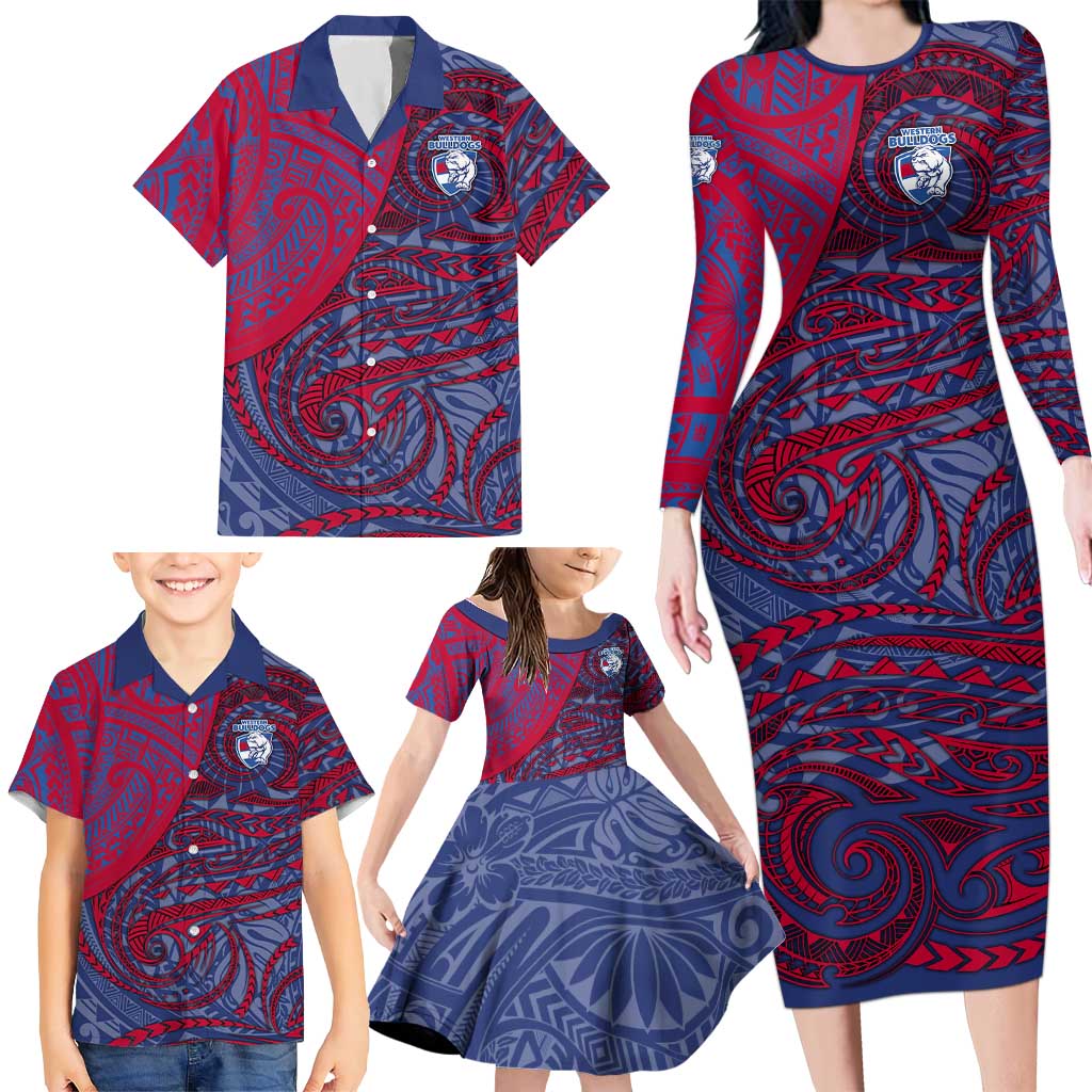 Custom Western Bulldogs Mascot Family Matching Long Sleeve Bodycon Dress and Hawaiian Shirt Polynesian Tribal Swirl Dynamic - Bulldog Football