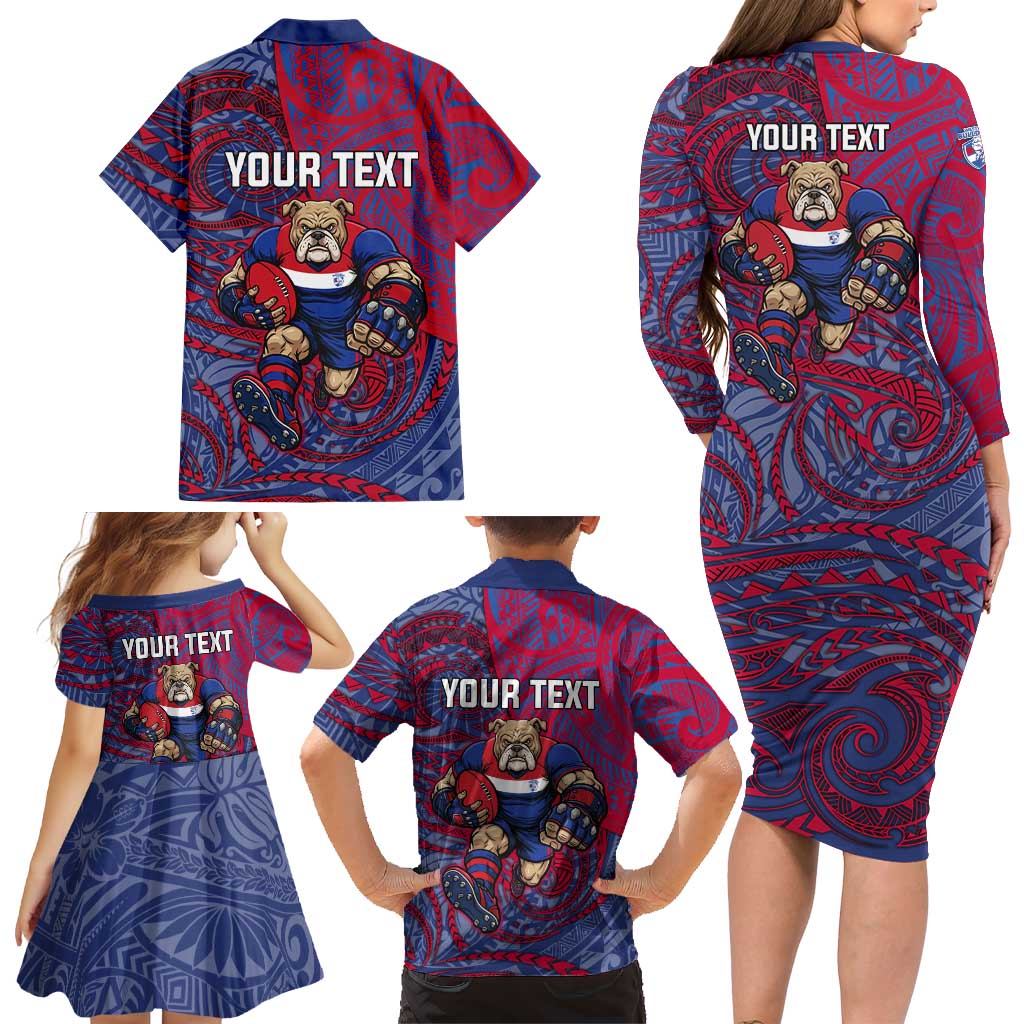 Custom Western Bulldogs Mascot Family Matching Long Sleeve Bodycon Dress and Hawaiian Shirt Polynesian Tribal Swirl Dynamic - Bulldog Football