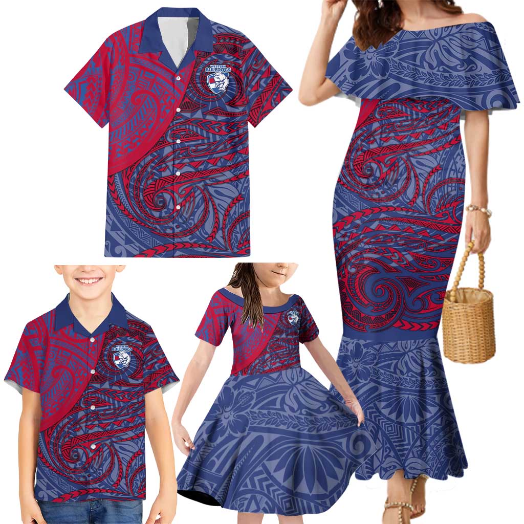 Custom Western Bulldogs Mascot Family Matching Mermaid Dress and Hawaiian Shirt Polynesian Tribal Swirl Dynamic - Bulldog Football