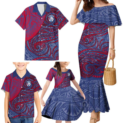 Custom Western Bulldogs Mascot Family Matching Mermaid Dress and Hawaiian Shirt Polynesian Tribal Swirl Dynamic - Bulldog Football