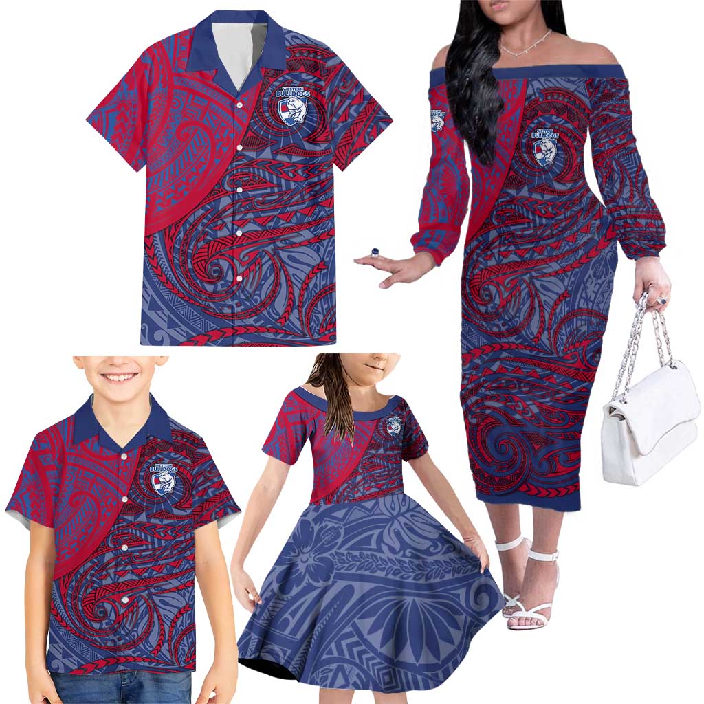 Custom Western Bulldogs Mascot Family Matching Off The Shoulder Long Sleeve Dress and Hawaiian Shirt Polynesian Tribal Swirl Dynamic - Bulldog Football