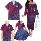 Custom Western Bulldogs Mascot Family Matching Off The Shoulder Long Sleeve Dress and Hawaiian Shirt Polynesian Tribal Swirl Dynamic - Bulldog Football